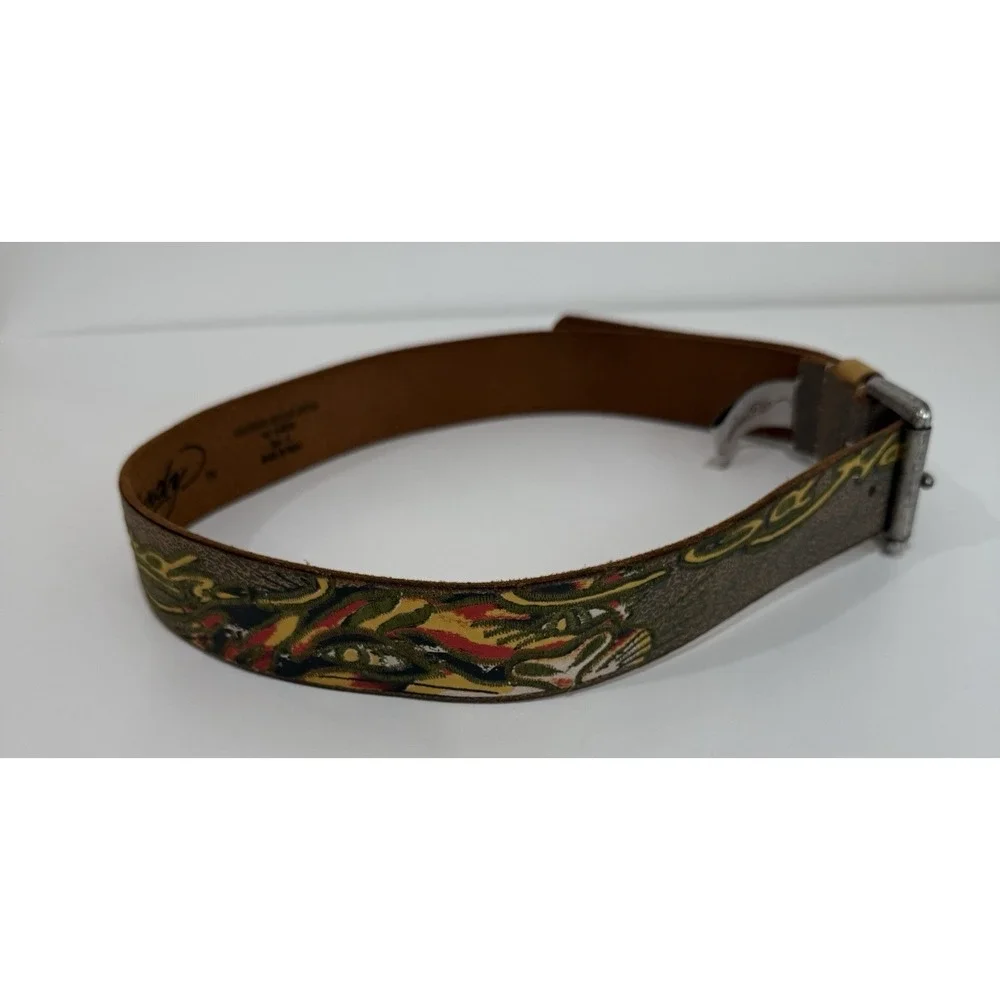 Ed Hardy‎ Distressed Panther Graphic Leather Belt Men's Sz Small